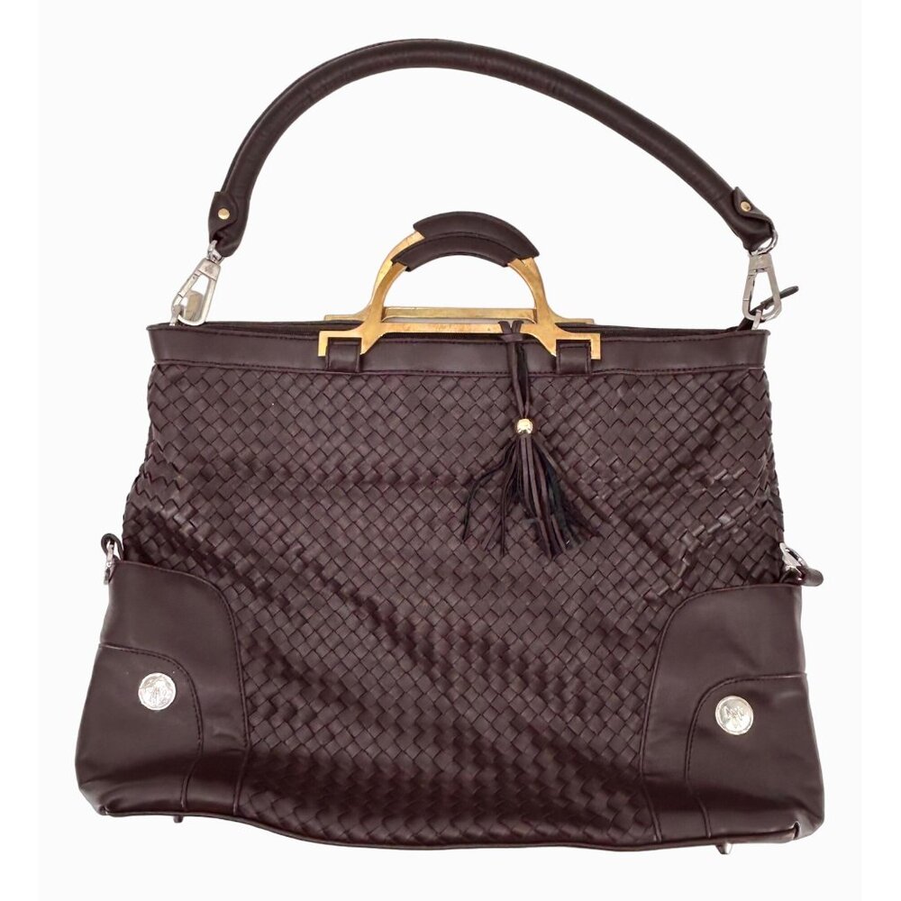 NWOT JOY MANGANO BROWN WOVEN LARGE PURSE BAG TOTE W/ TASSEL